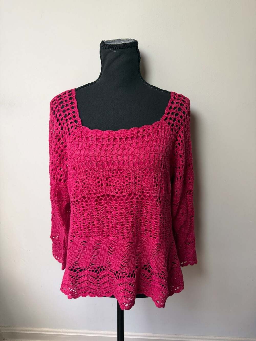 Skye's the Limit Fuchsia Crochet Long Sleeve Scoop Neck Top